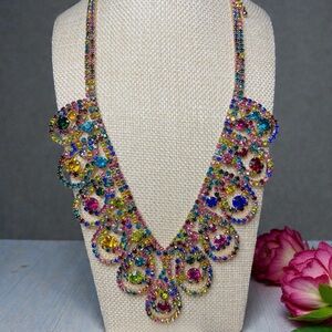 Cocktail Multicolor Prong-Set Rhinestone Gold Tone Statement Collar/Bib Necklace